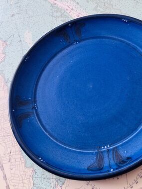 Handmade Cobalt Blue Stoneware Platter with Butterflies